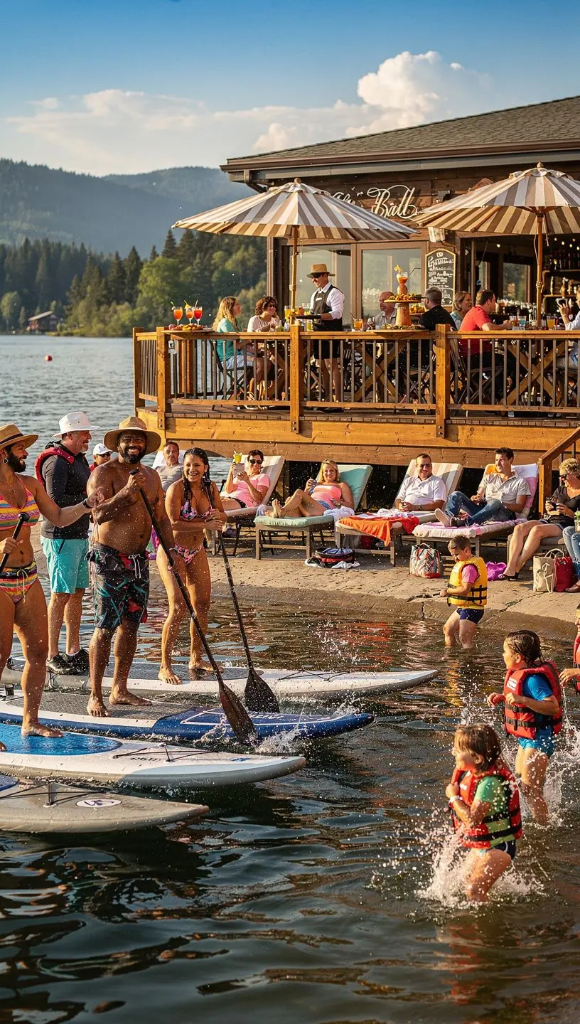 Семья, наслаждающаяся днем на пляже, играя в песке и купаясь в озере.