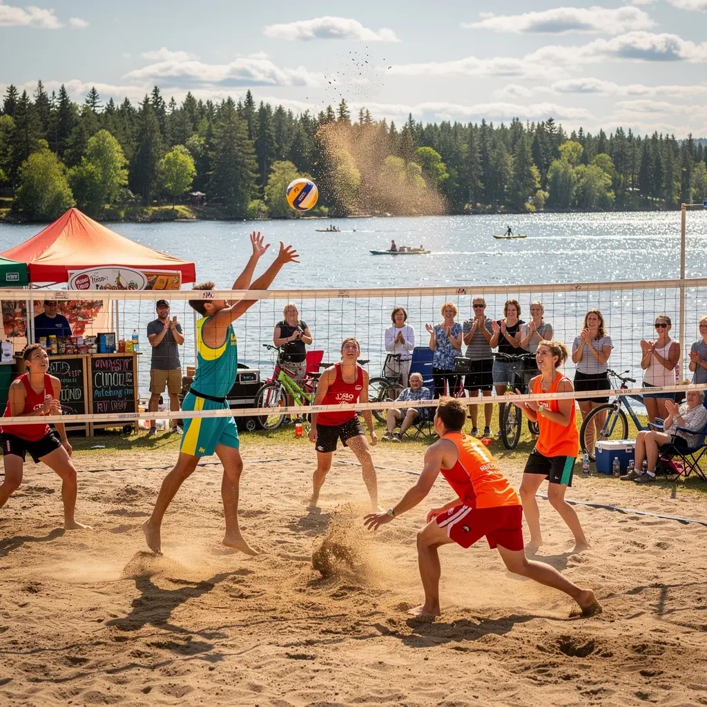 Красивая озерная панорама с лодками на воде и зелеными деревьями на берегу.