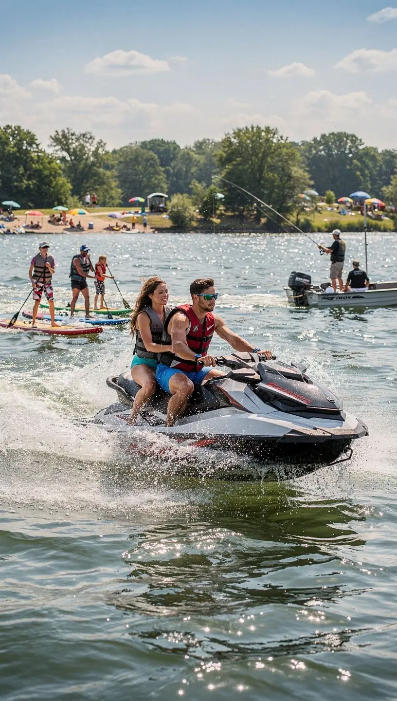 Красивая панорама озера с лодками на фоне заката.