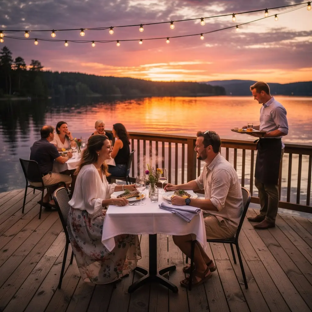 Романтический ужин на террасе у воды с видом на закат над озером.