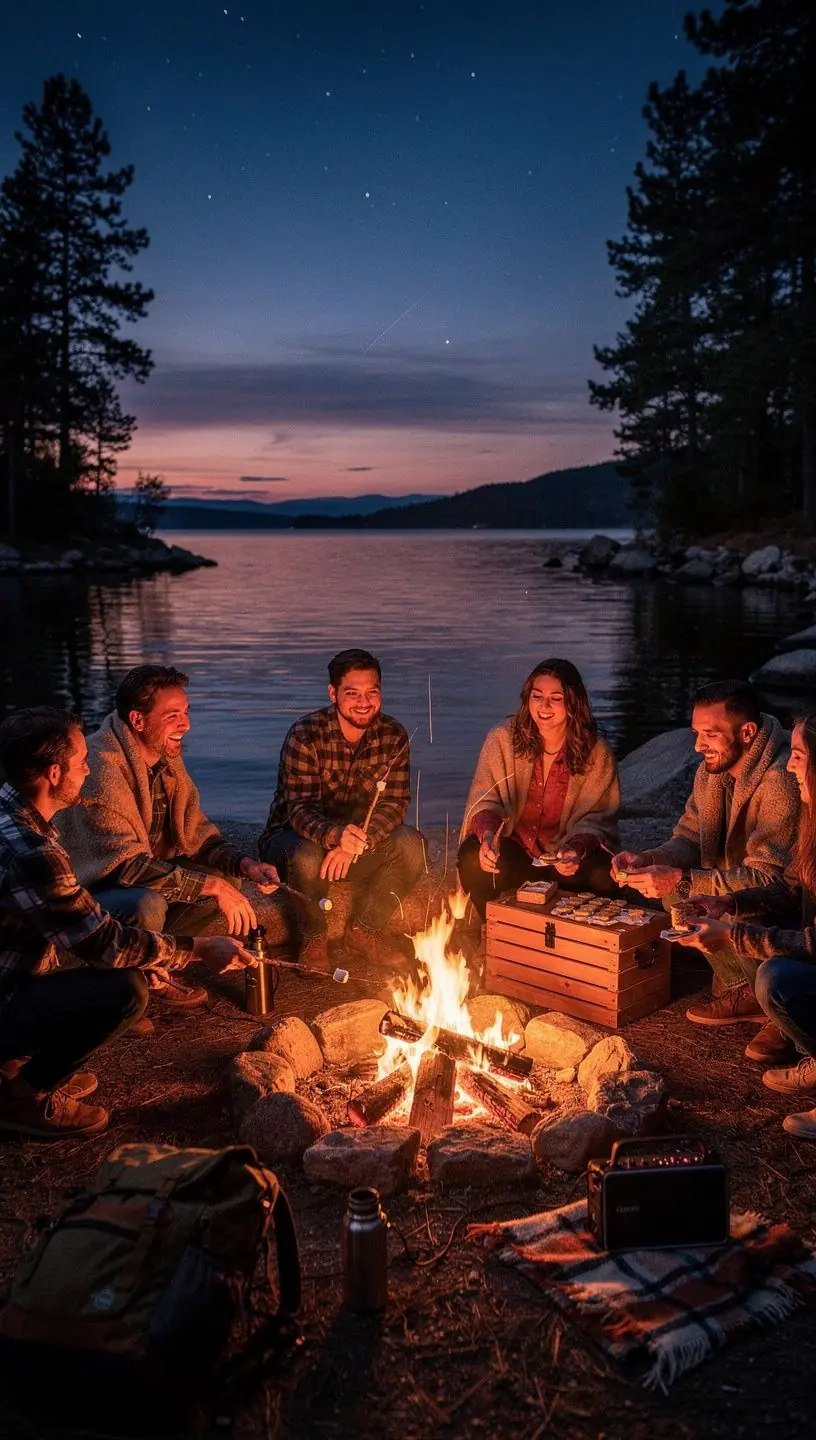 Семья, наслаждающаяся рыбалкой на берегу озера.