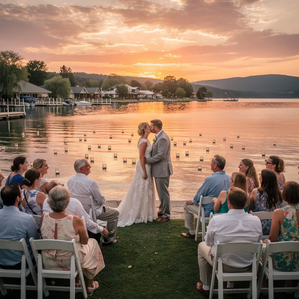 Спокойное озеро с катерами на фоне живописного заката.