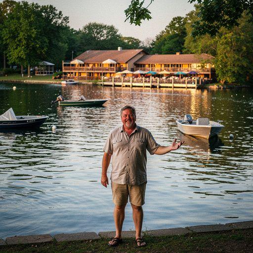 Вид на ресторан у озера с террасой и столиками на открытом воздухе.